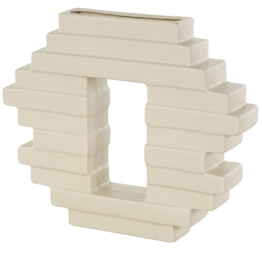 Deco 79 Ceramic Abstract Decorative Vase Centerpiece Vase with Rectangular Center Cutout, Flower Vase for Home Decoration 12" x 2" x 10", Cream