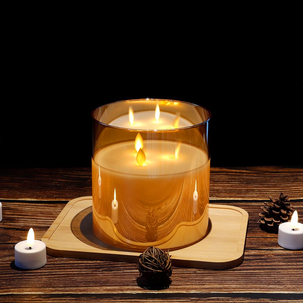 JHY DESIGN Large Moving 3 Wicks Battery Candle with 6-Hour Timer Function 6“ Dia Flameless Candle Battery Powered, Simulation 3D Glass LED Candle for Party Home Xmas Festivel Table Bar(Gold)