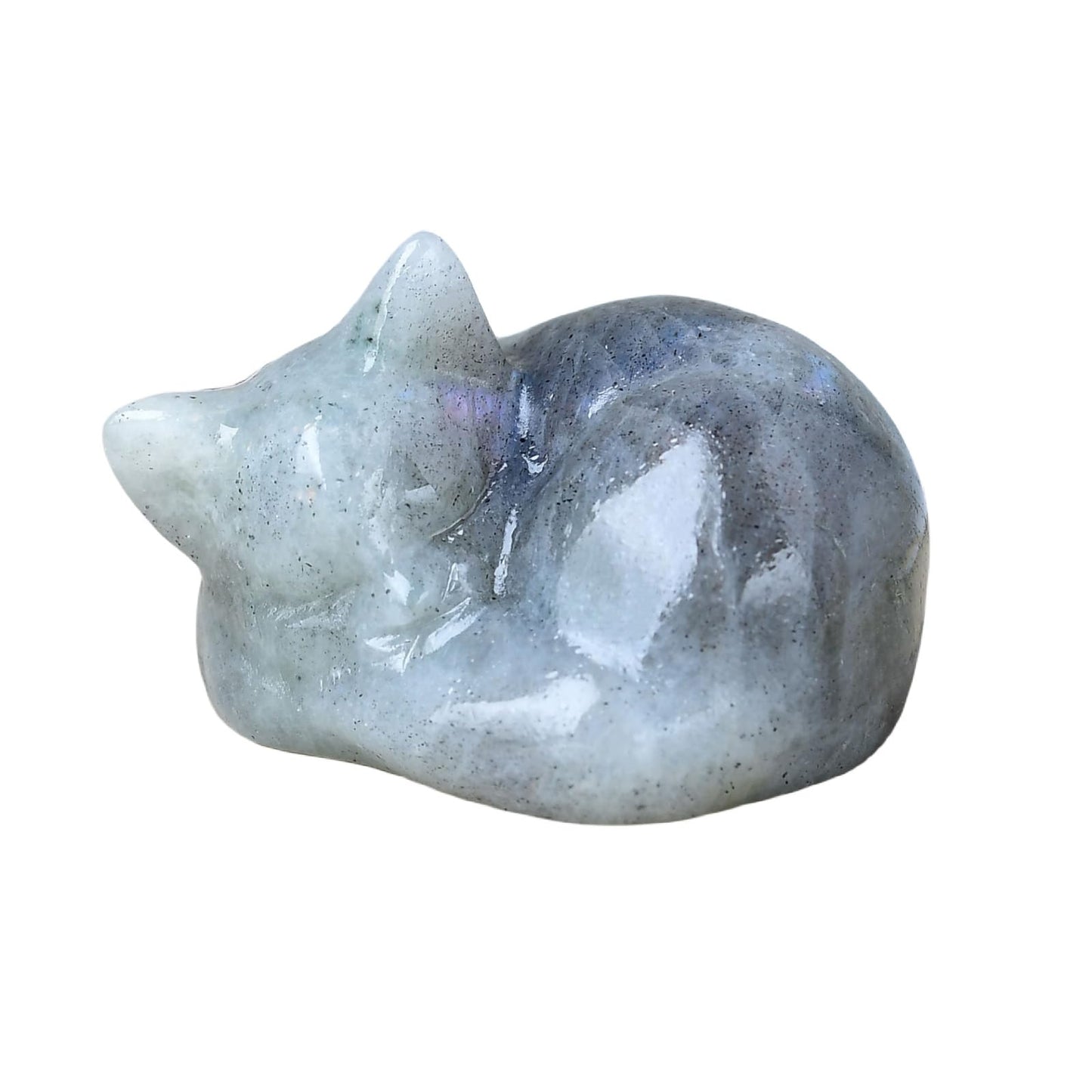 WUYOUSHI Natural Labradorite Cat Crystals Decor Sleeping Cat Statue Healing Crystal Polished Gemstones Bedroom Office Desk Home Decoration A Lucky Decoration for Cat Lovers