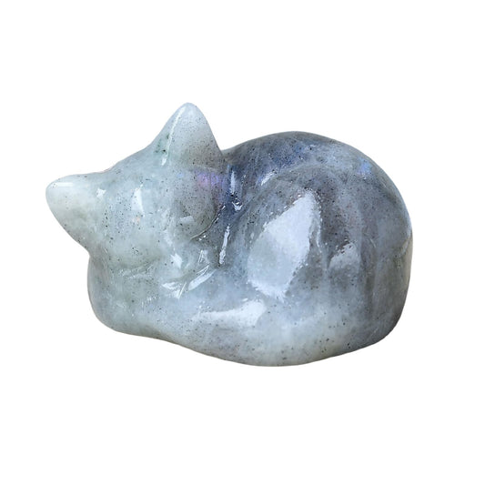 WUYOUSHI Natural Labradorite Cat Crystals Decor Sleeping Cat Statue Healing Crystal Polished Gemstones Bedroom Office Desk Home Decoration A Lucky Decoration for Cat Lovers