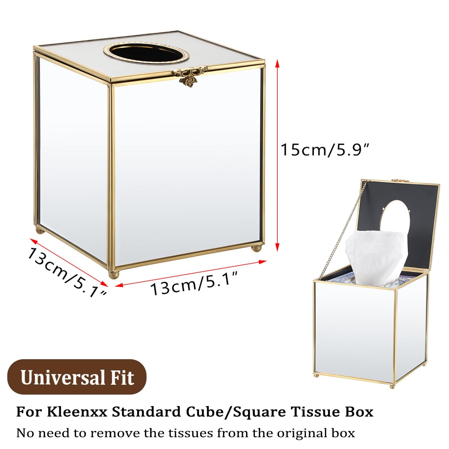 Sumnacon Square Glass Tissue Box Cover with Lid, Mirrored Cube Tissue Box Holder for Bathroom Home Office, Gorgeous Gold Facial Tissue Dispenser for Dresser Vanity Countertop Night Stand