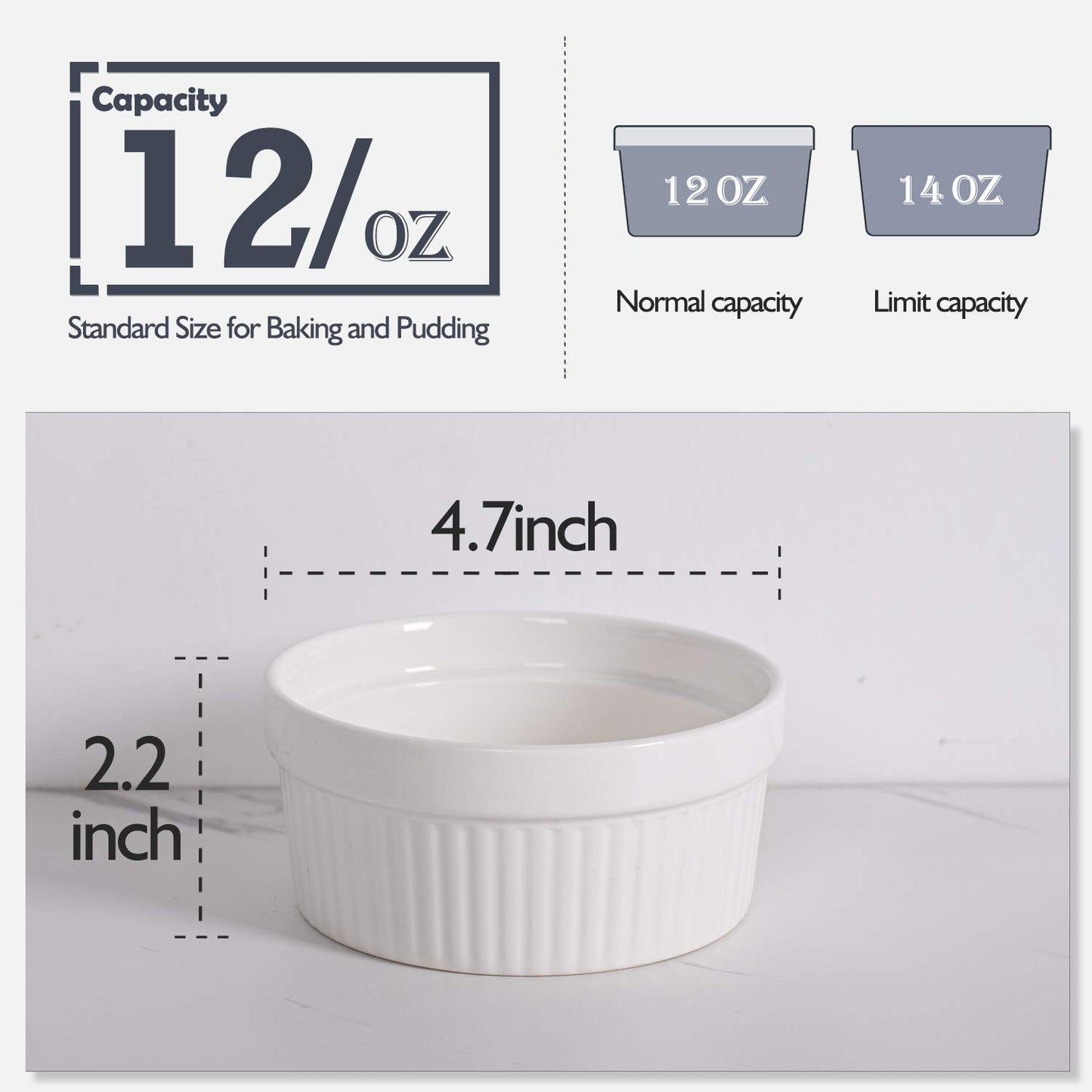 DELLING Ramekins 12 Oz Oven Safe Set of 6, Porcelain Souffle Dish for Baking - Creme Brulee Bowls for French Onion Soup Lava Cake Pudding, Stackable, White