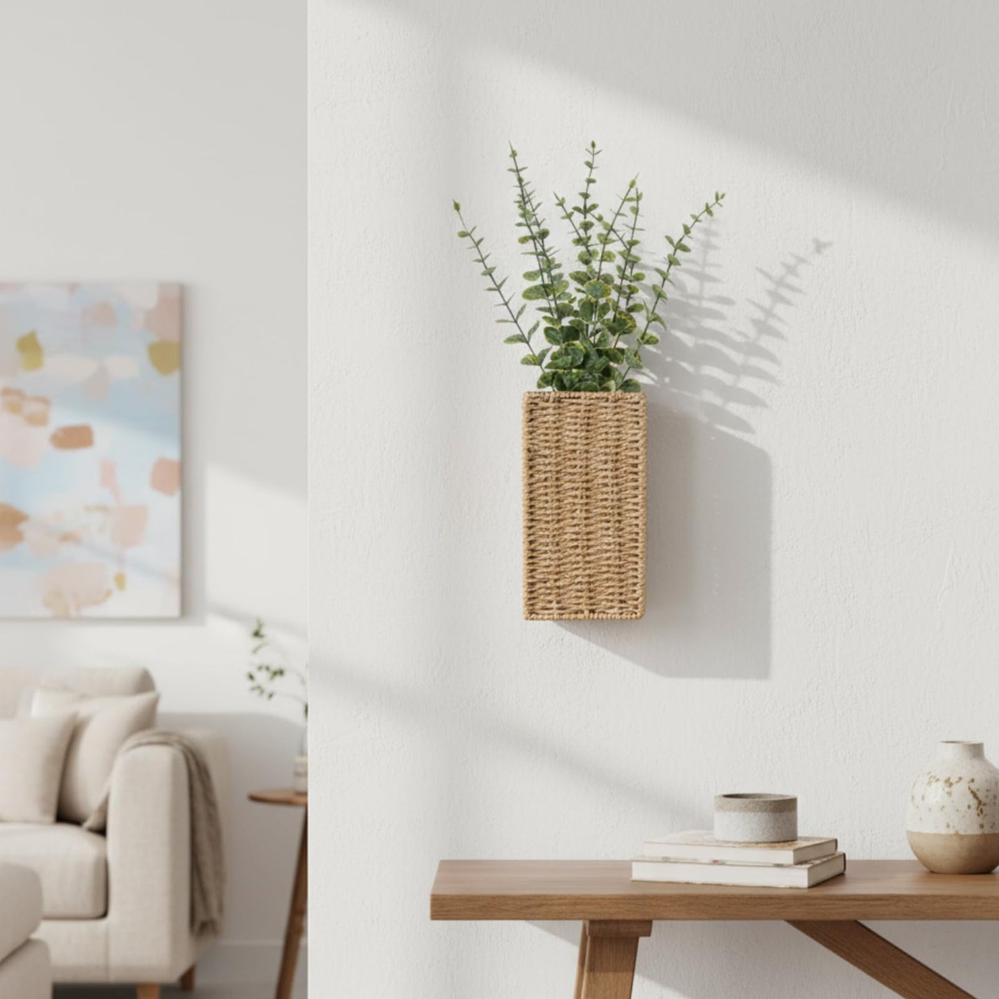 Ferrochef 2 Pack Woven Wall Vase with Artificial Eucalyptus Boho Wall Basket Hanging Decor Rustic Pocket Planter Flower Vase for Indoor Living Room Bedroom Home Office Kitchen Decoration
