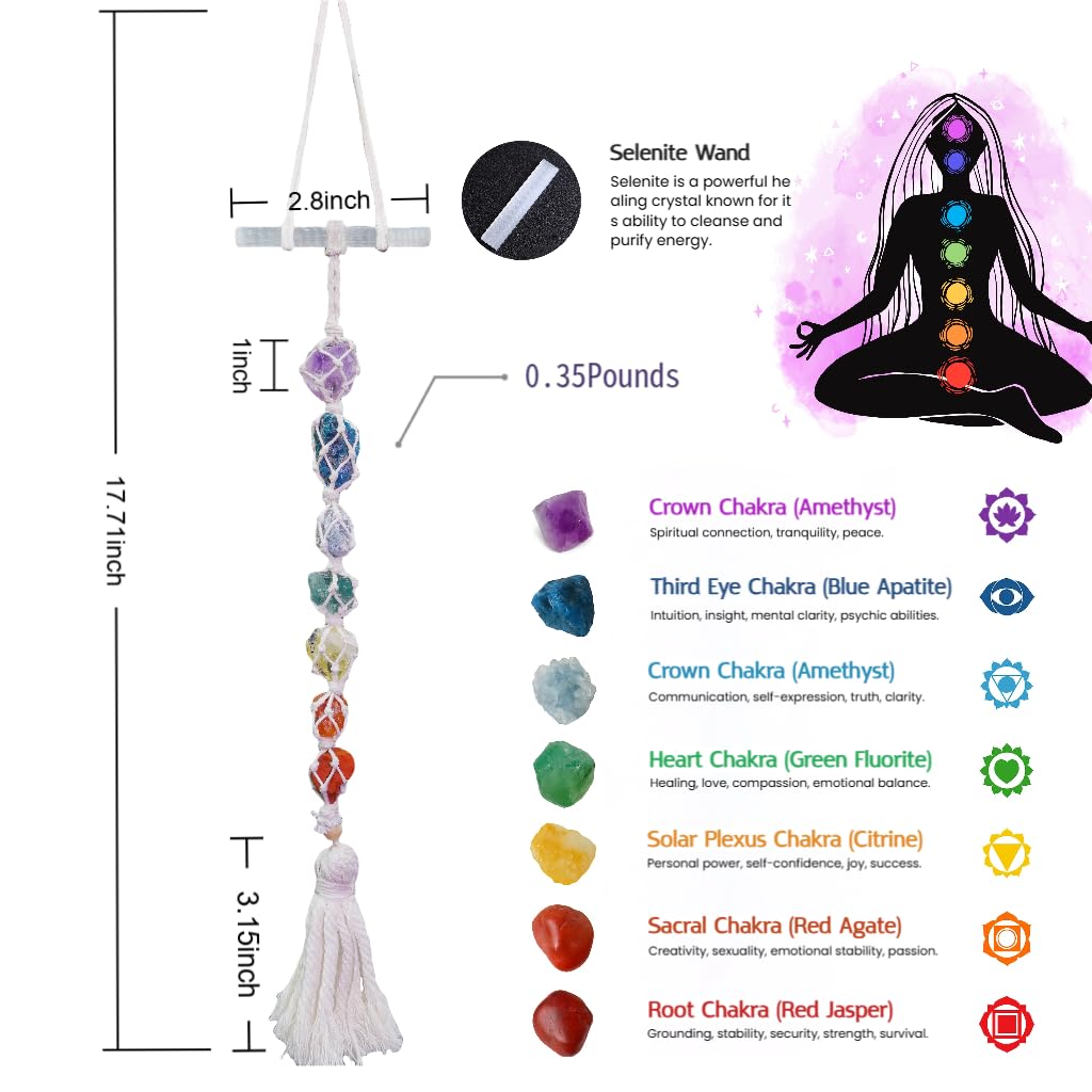 Selenite Crystal Hanging Chakra Wall Decor, Handmade Large 7 Healing Natural Stones, Spiritual Good Luck Ornament for Yoga Meditation Accessories Reiki Anxiety Relief, Gift for Women and Kids