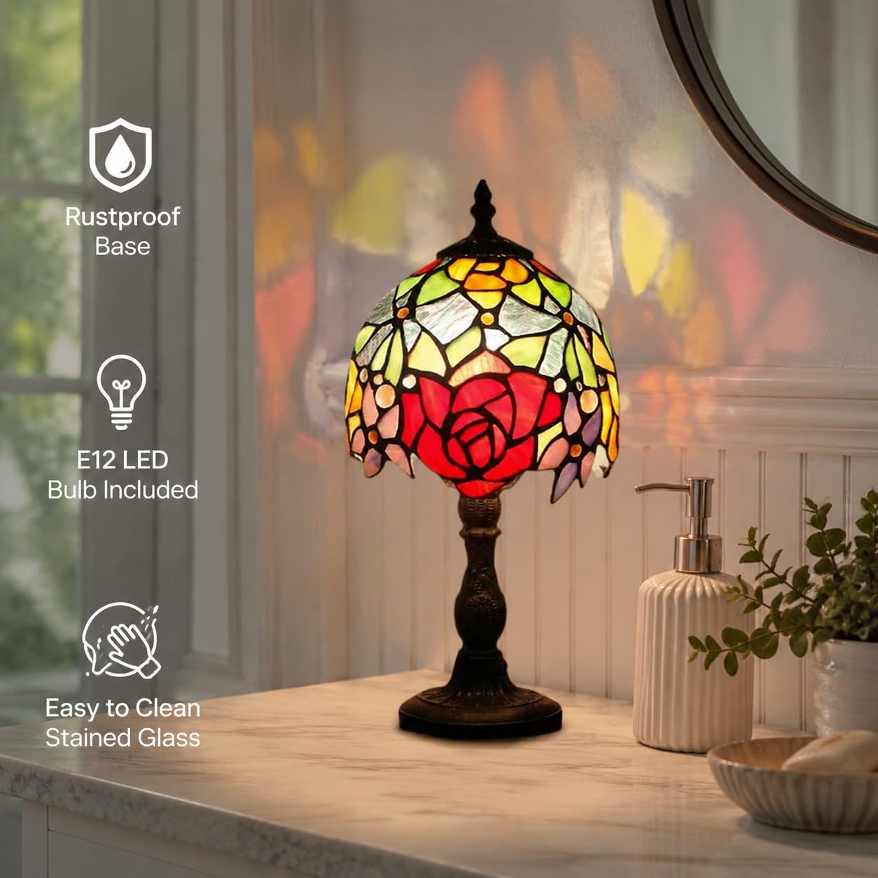YINIETZSCHE Tiffany Style Table Lamp 8 Inch, Handmade Stained Glass Rose Shade Desk Lamp, Vintage Art Deco Bedroom Nightstand Light with Resin Base, Includes Warm Light Bulb