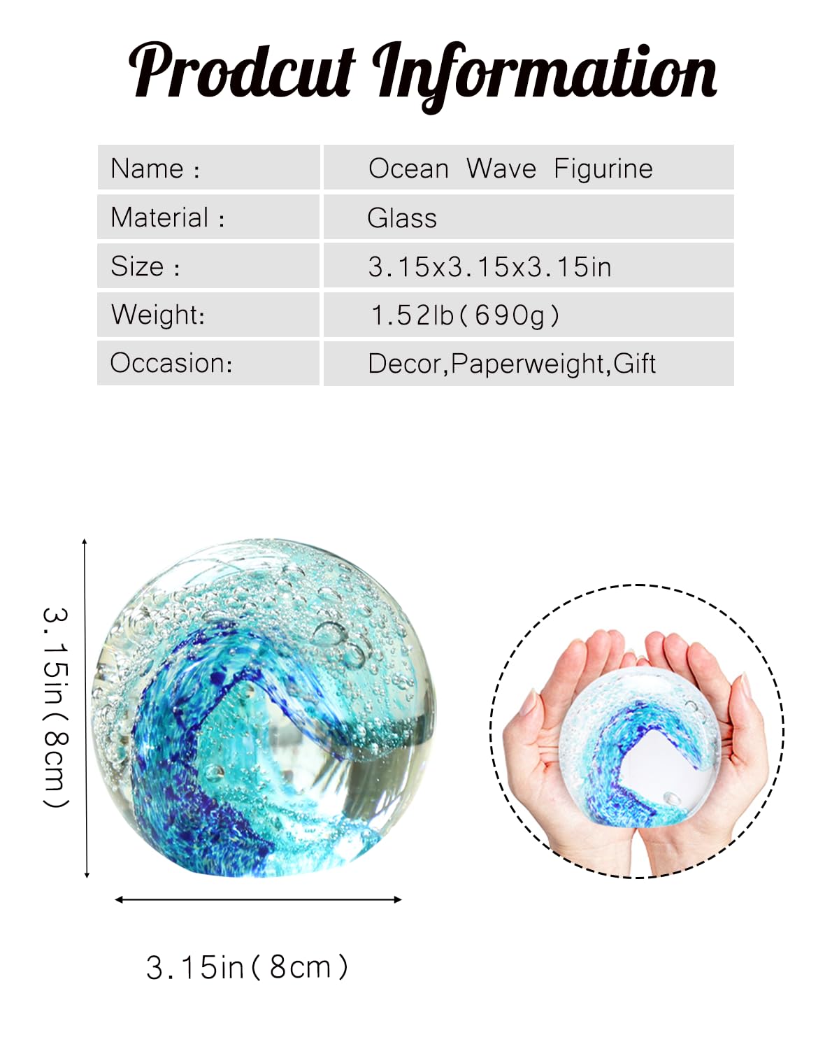 Bdor Hand Blown Glass Sphere Ocean Waves, Blue Paperweight, Decorative Ball, Sea Glass Art, Crystal Collectible, Home & Office Decor, Gift, Mother Day