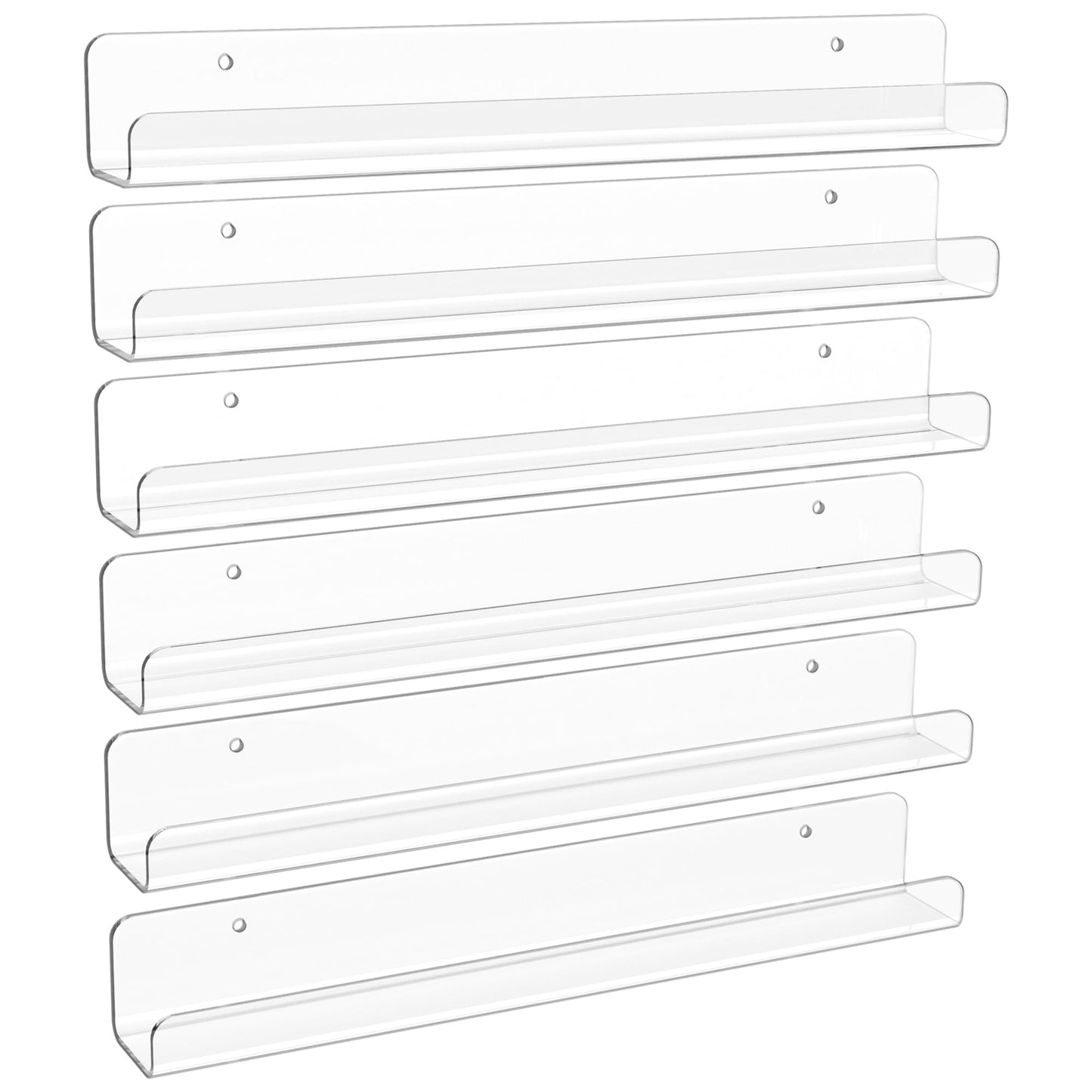 upsimples 6 Pack Narrow Clear Acrylic Shelves, 12" x 1.7" Small Wall Shelf for Nail Polish, Vinyl Wall Mount, Record Holder, Magazine Rack, Comic Display, Picture Ledge Shelf