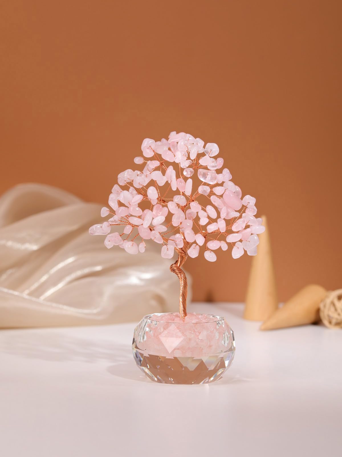 Jovivi Large Rose Quartz Crystals Tree, 5.51"-5.91" Natural Crystal Healing Stones Tree Glass Bowl Base Gemstone Money Trees Feng Shui Good Luck Home Desk Decor