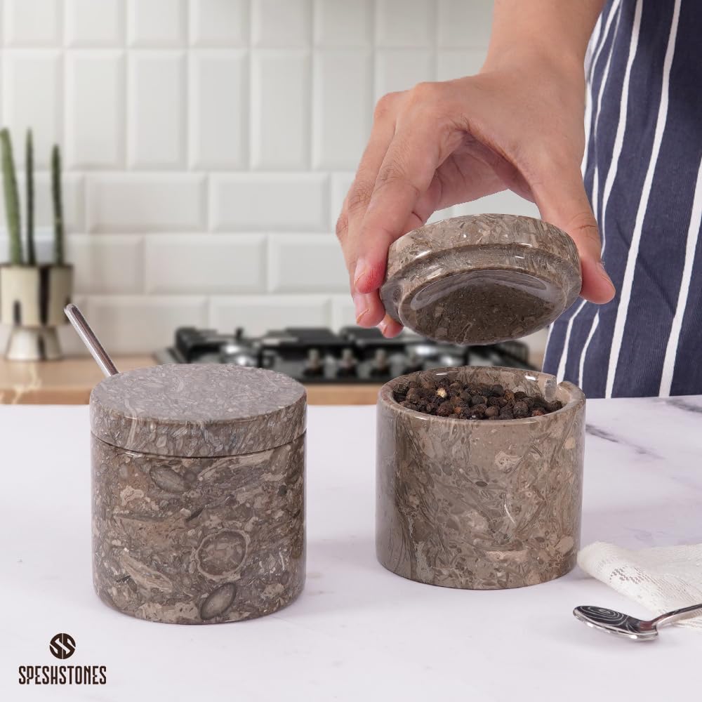 SPESHSTONES Marble Salt Cellar Set of 2 Handmade Stone Salt and Pepper Containers with Lid and Spoon - Marble Salt Box & Spice Jars, Sugar Bowl, 5.2 Oz Salt Holder for Countertop and Table