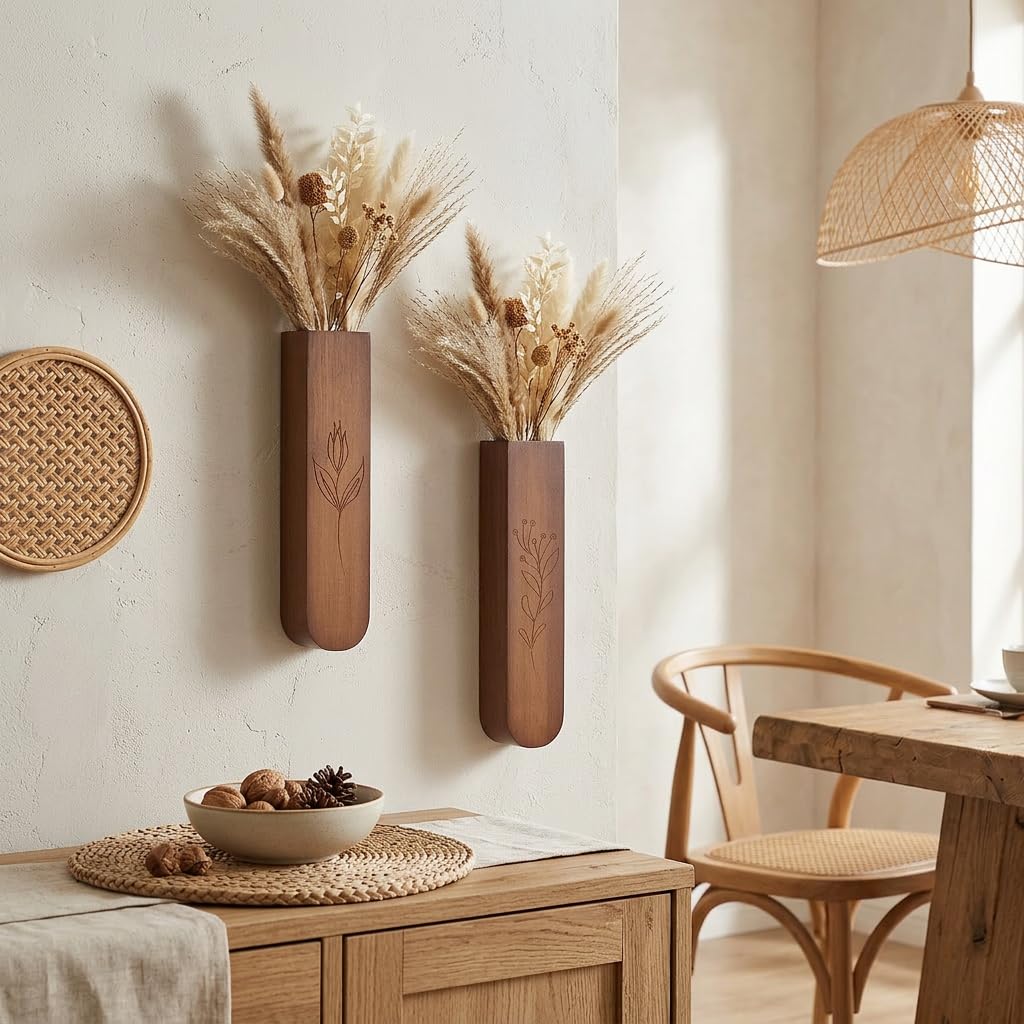 Wood Wall Vase Set of 2, 11.6 x 2.52 x 1.37 inch for Dried Flowers and Faux Greenery Plants for Bathroom,Kitchen,Farmhouse,Dining Room Wall Decor （Brown