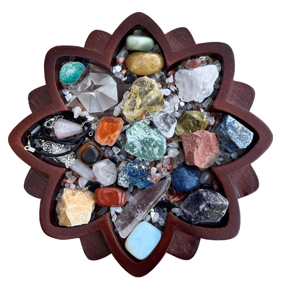 Wooden Lotus Crystal Tray for Stones - Display Your Crystals & Healing Stones - Crystal Holder for Rock Display - Crystal Organizer Bowl for Jewelry (7.87" x 7.87" x .98'') (Acacia Wood)