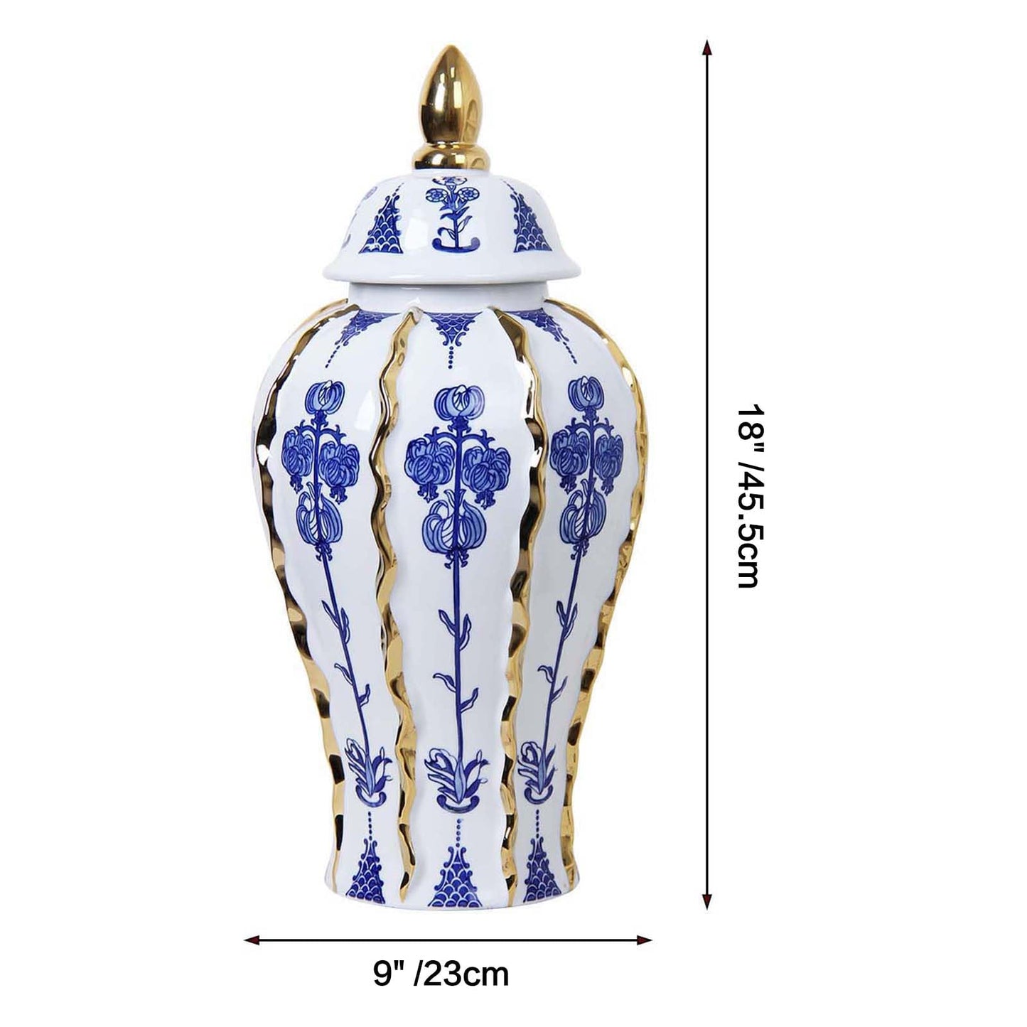 Siqiyangly Blue and White Ginger Jar with lid, 18 Inch Large Ceramic Vase for pampas grass, Luxury Home Decor White Gold Tall Flower Vase for Living Room Kitchen Centerpiece, Hotel Wedding Decor