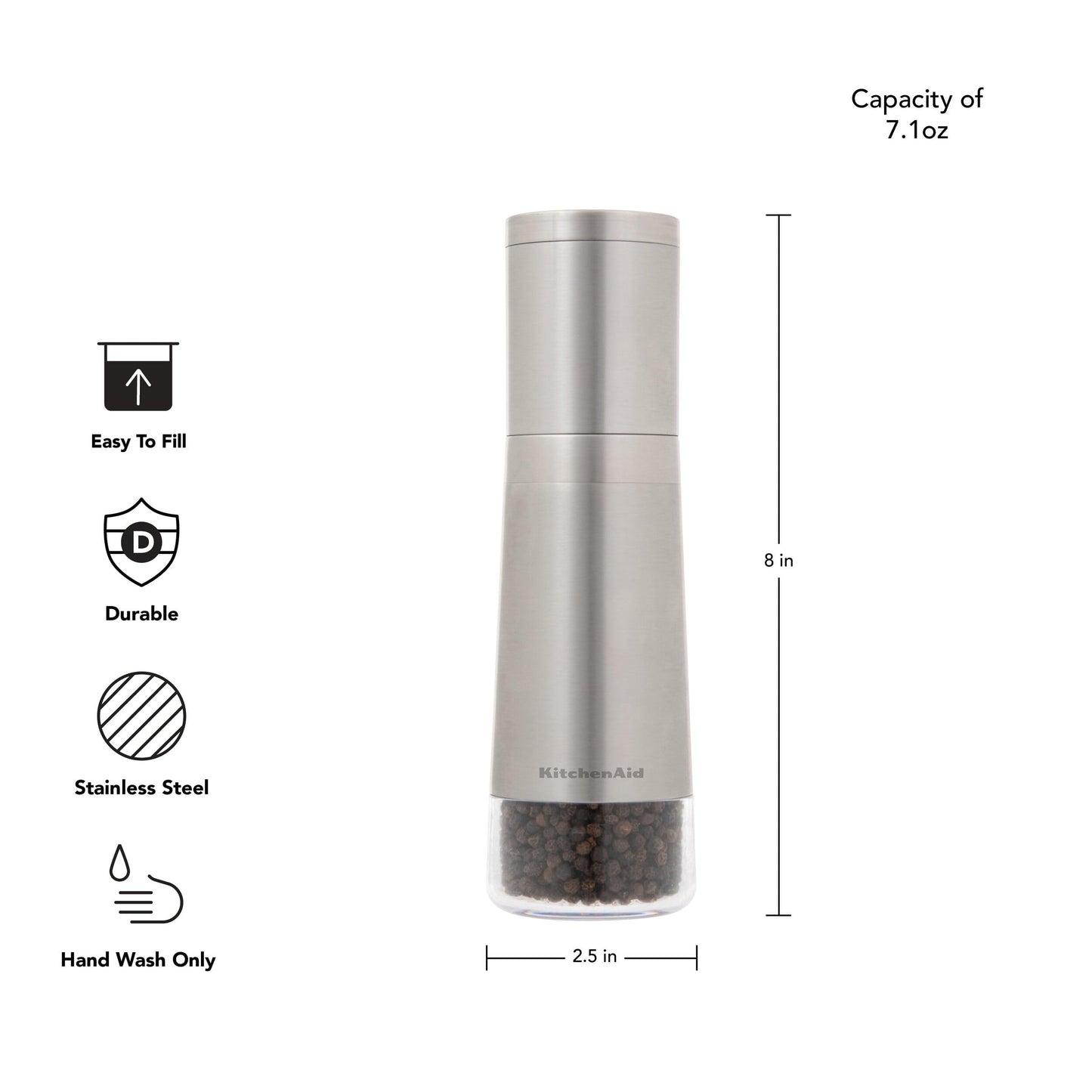 KitchenAid Stainless Steel Filled Pepper Grinder, 8 Inch