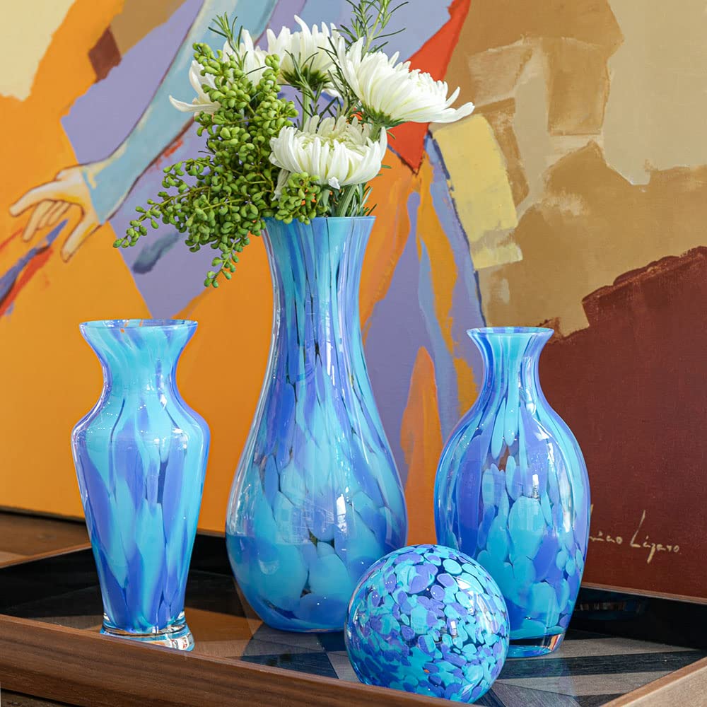 Murano Style Art Glass Vase Hand Blown Blue Confetti Effect Home Decor