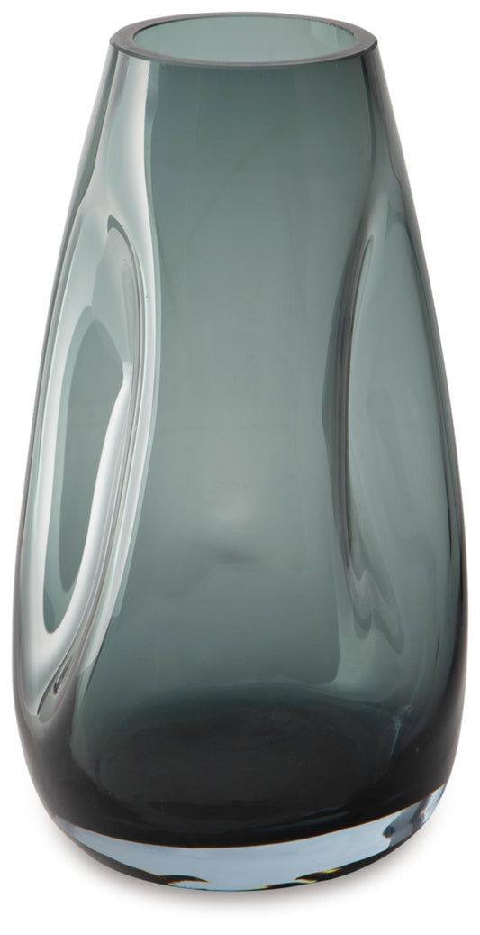 Signature Design by Ashley Beamund Contemporary Glass Vase, Indoor and Outdoor Use, Wide Mouth, Watertight for Fresh Florals, Blue, 5.13' W x 5.13' D x 9.25' H