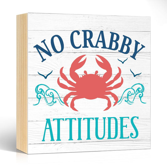 Pishovi No Crabby Attitudes Wooden Box Sign, Inspirational Phrase Decorative Plaque for Home Kitchen Bathroom Bar Café, Beach Theme Desk Plaque, Housewarming Gifts for Friend Coworker