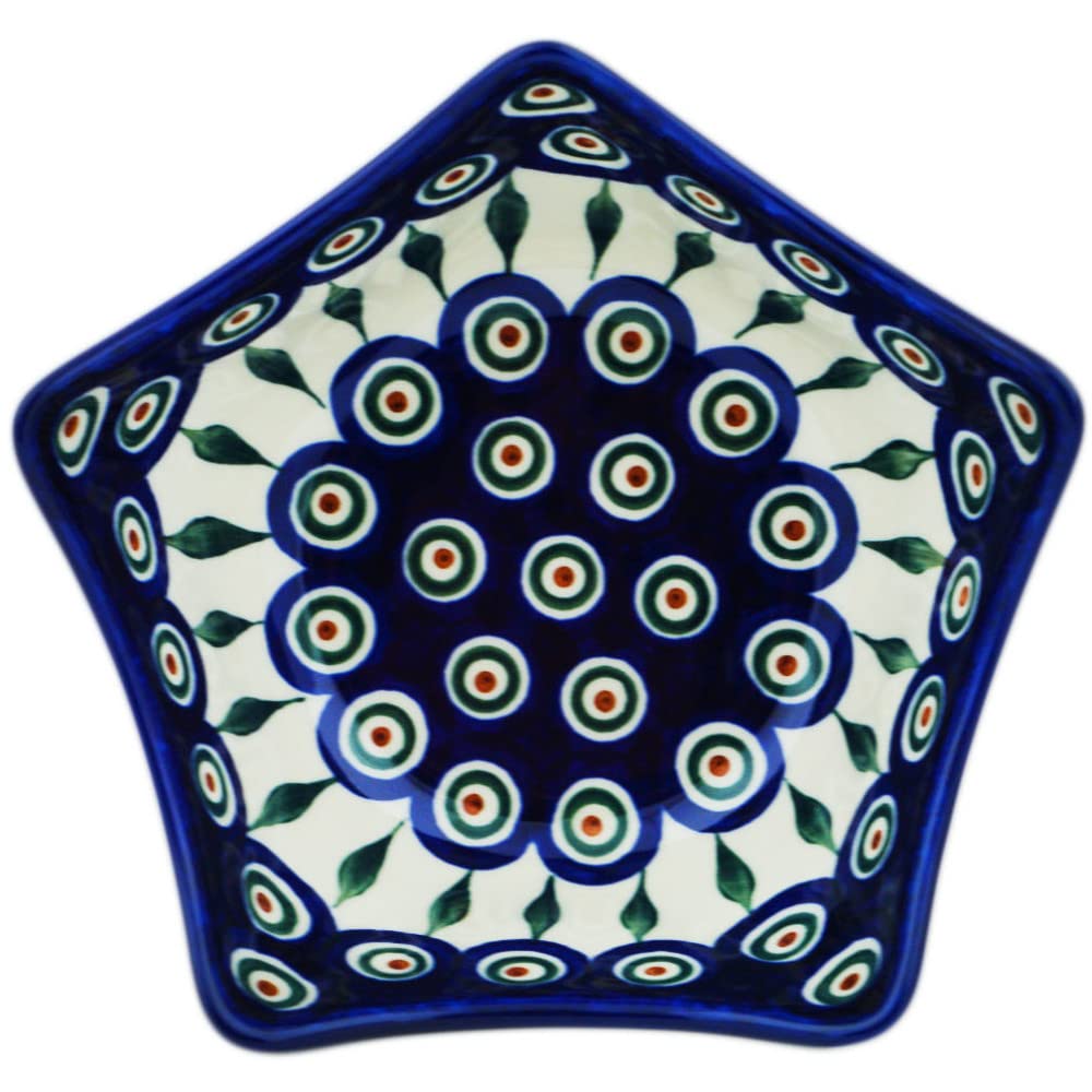 Polmedia Polish Pottery Star Shaped Bowl 7-inch - Peacock Leaves Pattern Handmade in Boleslawiec Poland by Ceramika Artystyczna + Certificate of Authenticity