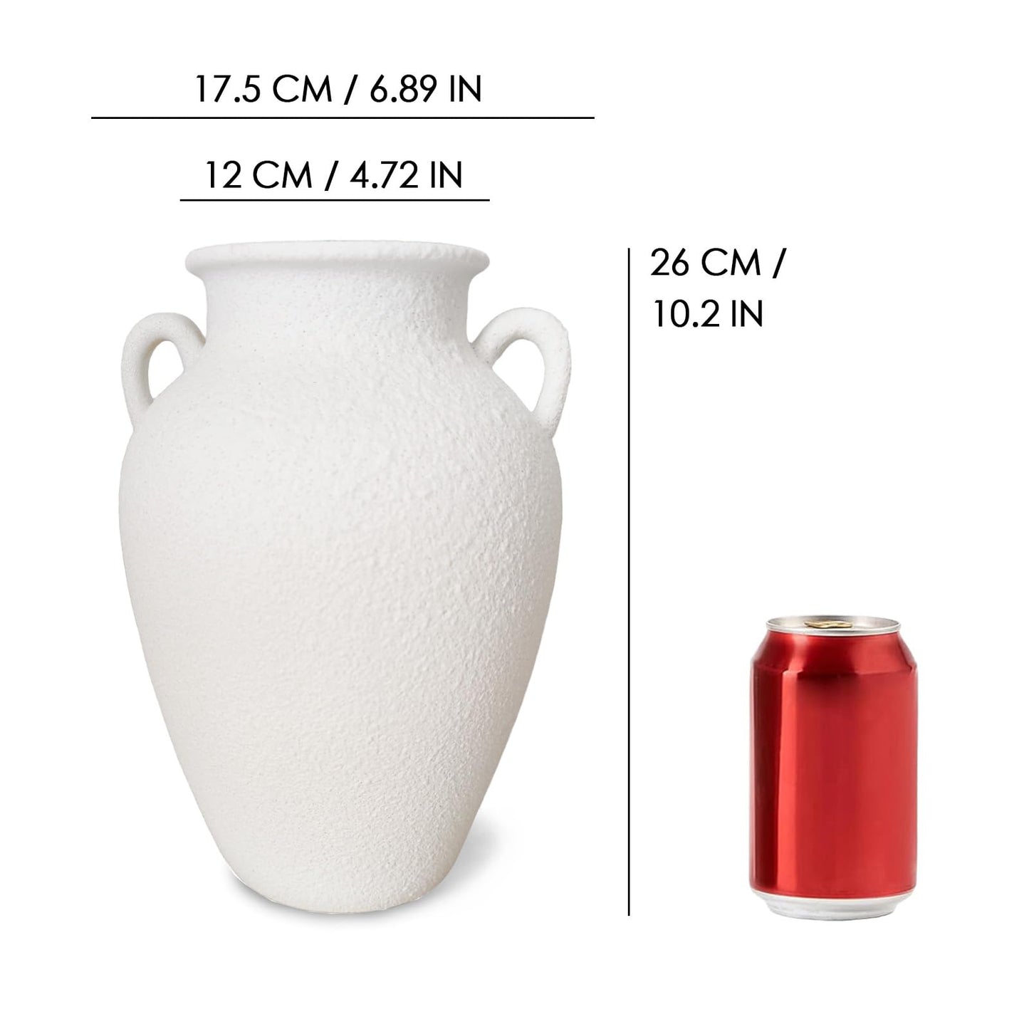 White Ceramic Pottery Barn Vase with Handles - 10" Large Decorative Terracotta Vase for Pampas Grass, Rustic Farmhouse Boho Vases for Home Decor, Living Room, Mantel, Table, Shelf