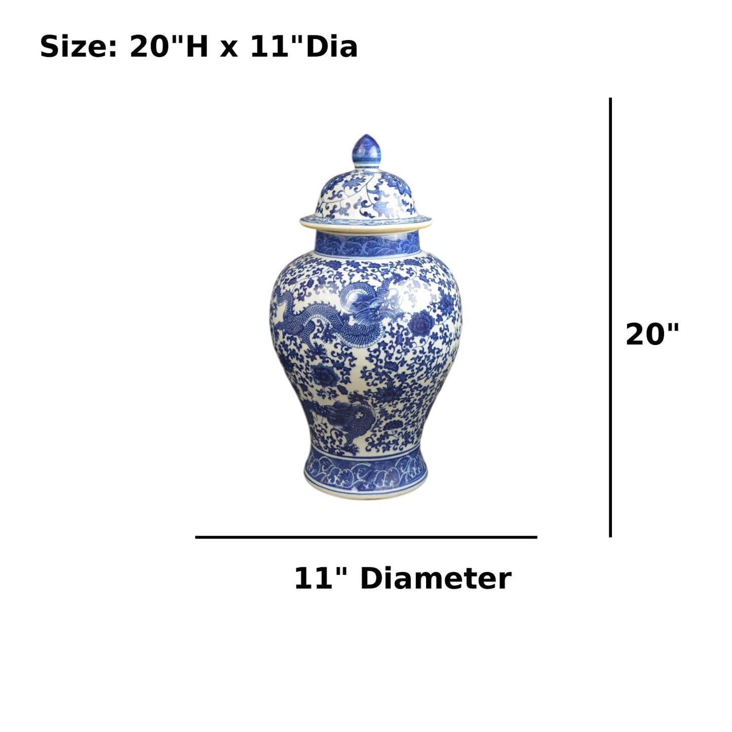 20" Classic Blue and White Floral Porcelain Ceramic Temple Ginger Jar Vase, Large China Qing Style (Dragon1)
