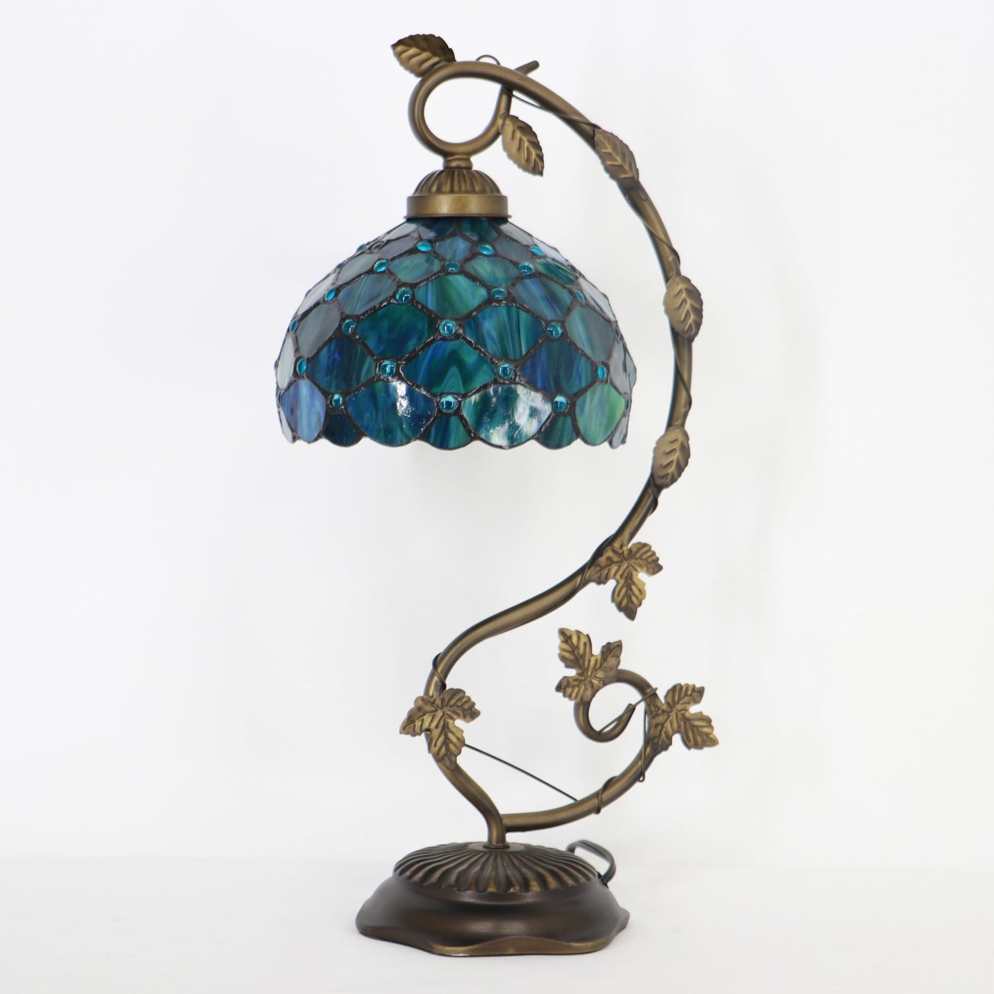 LXHCYOU Tiffany Table Lamp, Stained Glass Desk Light, 8X10X21 Inches, Metal Leaf Base (Sea Blue Pearl Style)