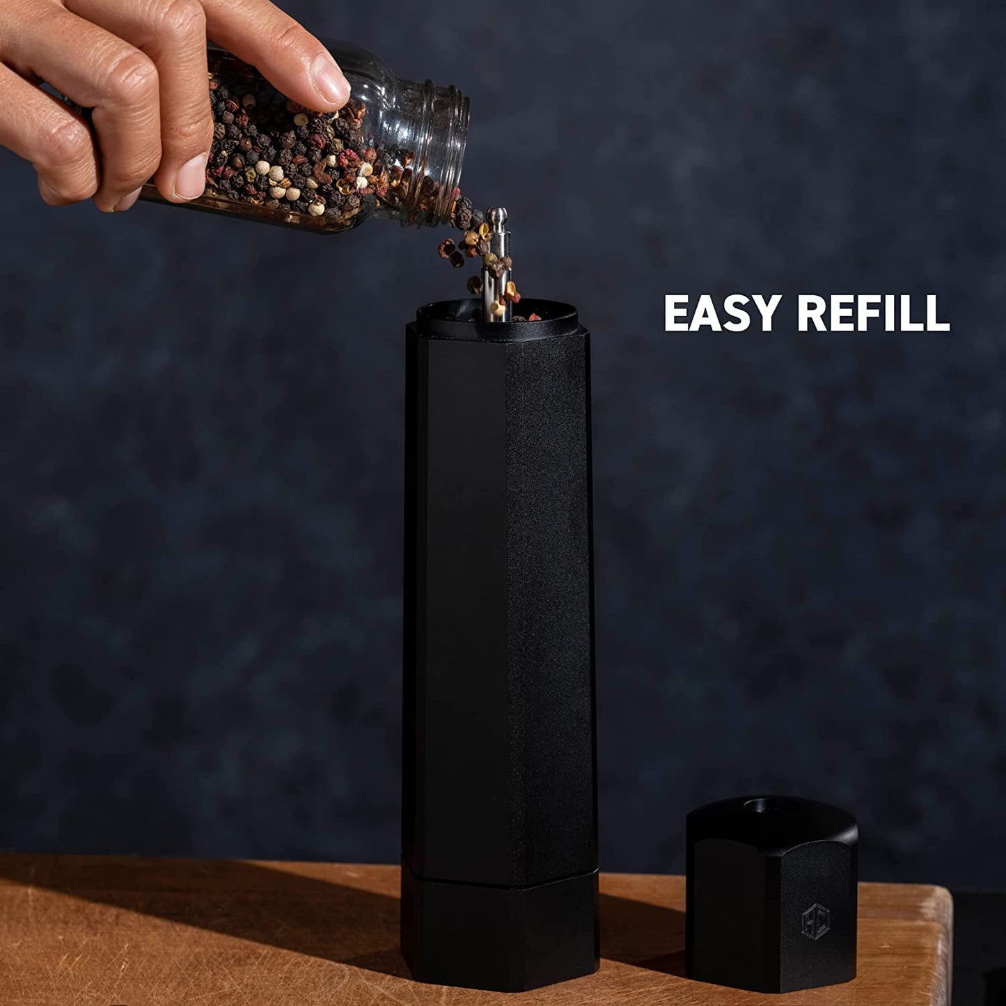 HexClad HexMill Pepper Grinder, Professional Grade Heavy Duty, Refillable, Aluminum Matte Black, Adjustable Ten Coarse Grind Settings