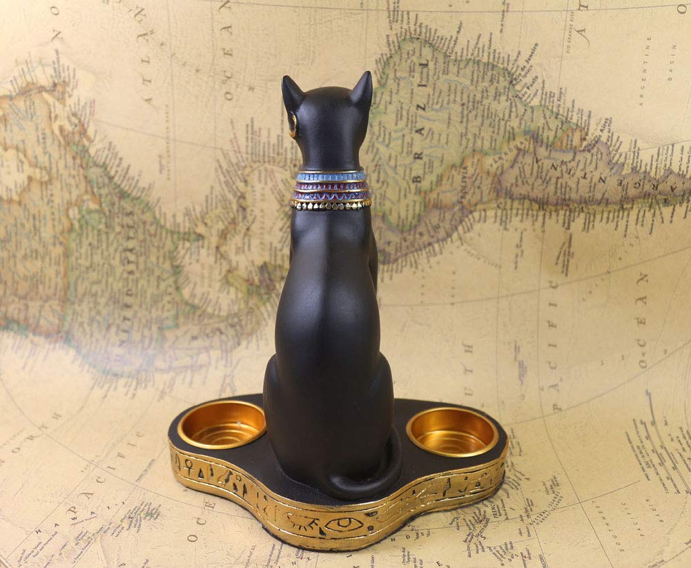 KiaoTime Ancient Egypt Egyptian Bastet Cat Goddess Statue Collectible Figurine Bastet Cat Sculpture with 2 Tea Light Candle Holder (Cat Statue with Candle Holder)