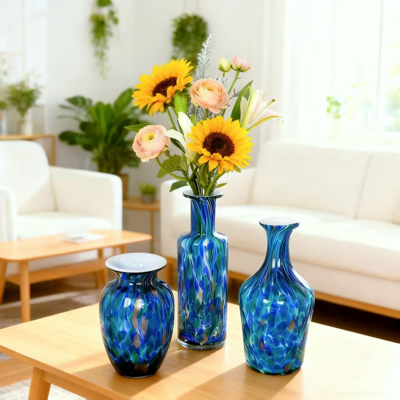 Acever Handblown Art Glass Vase, Blue and Teal Elegant Bottle for Luxury Home Decor (A)