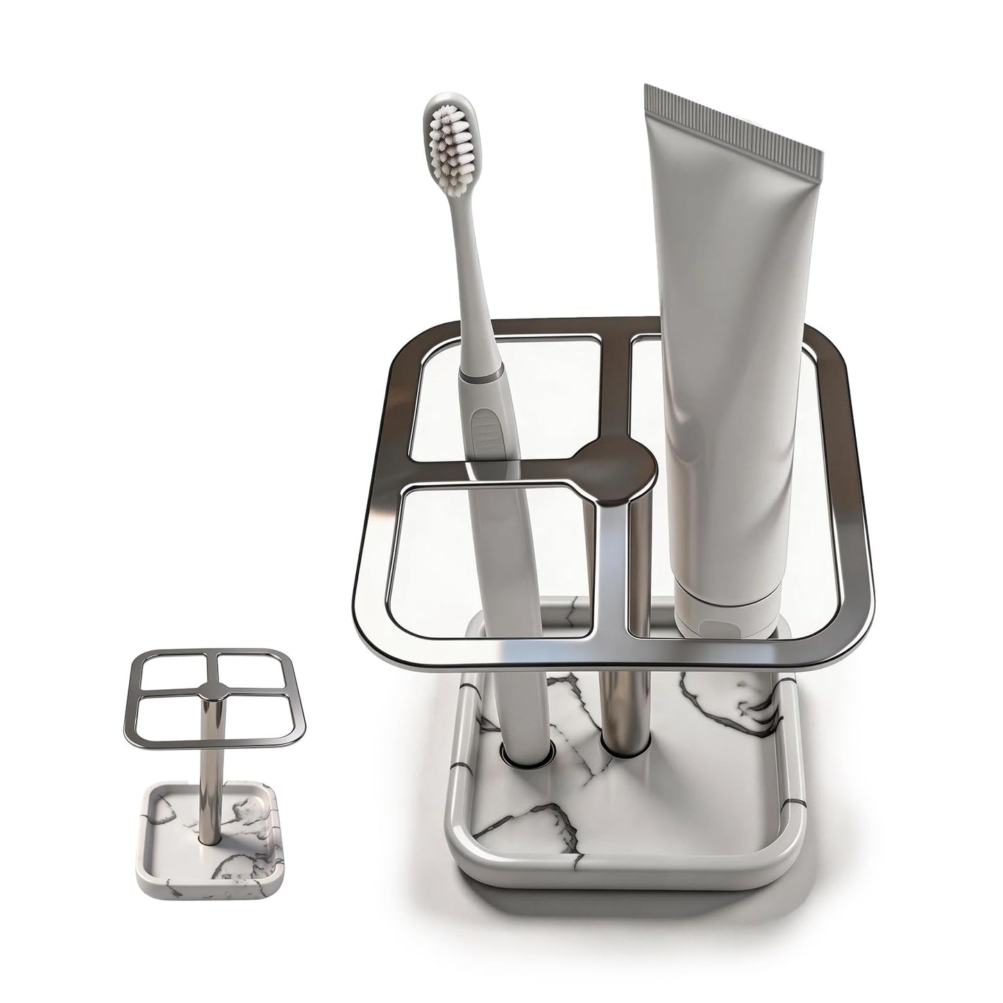 Toothbrush Holders for Bathrooms, Toothbrush and Toothpaste Holder - Modern Stainless Steel Stand with White Marble Base, Countertop Organizer for Bathroom Vanity