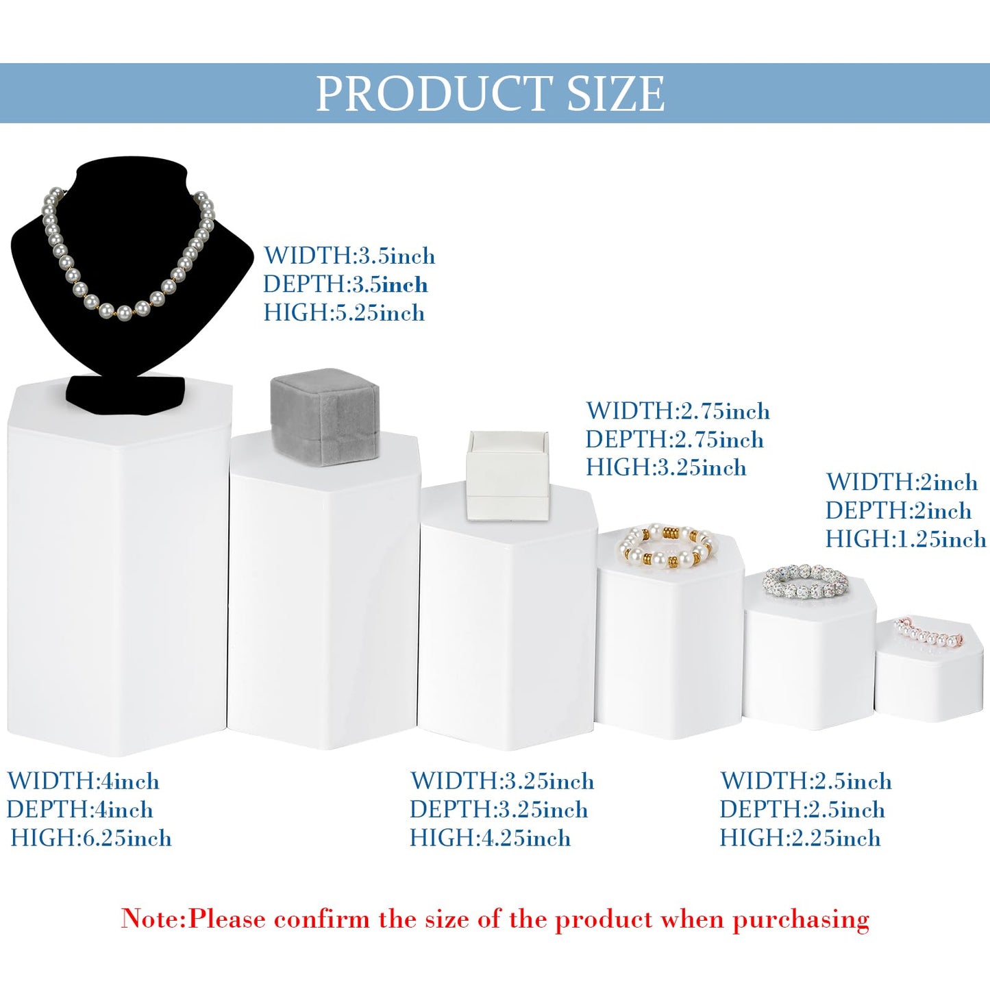 Jetec 24 Pcs Hexagonal Jewelry Display Risers Hexagonal Market Display Risers Stands Acrylic Showcase Acrylic Stand for Jewelry Model Figures Decoration, 6 Sizes (White)