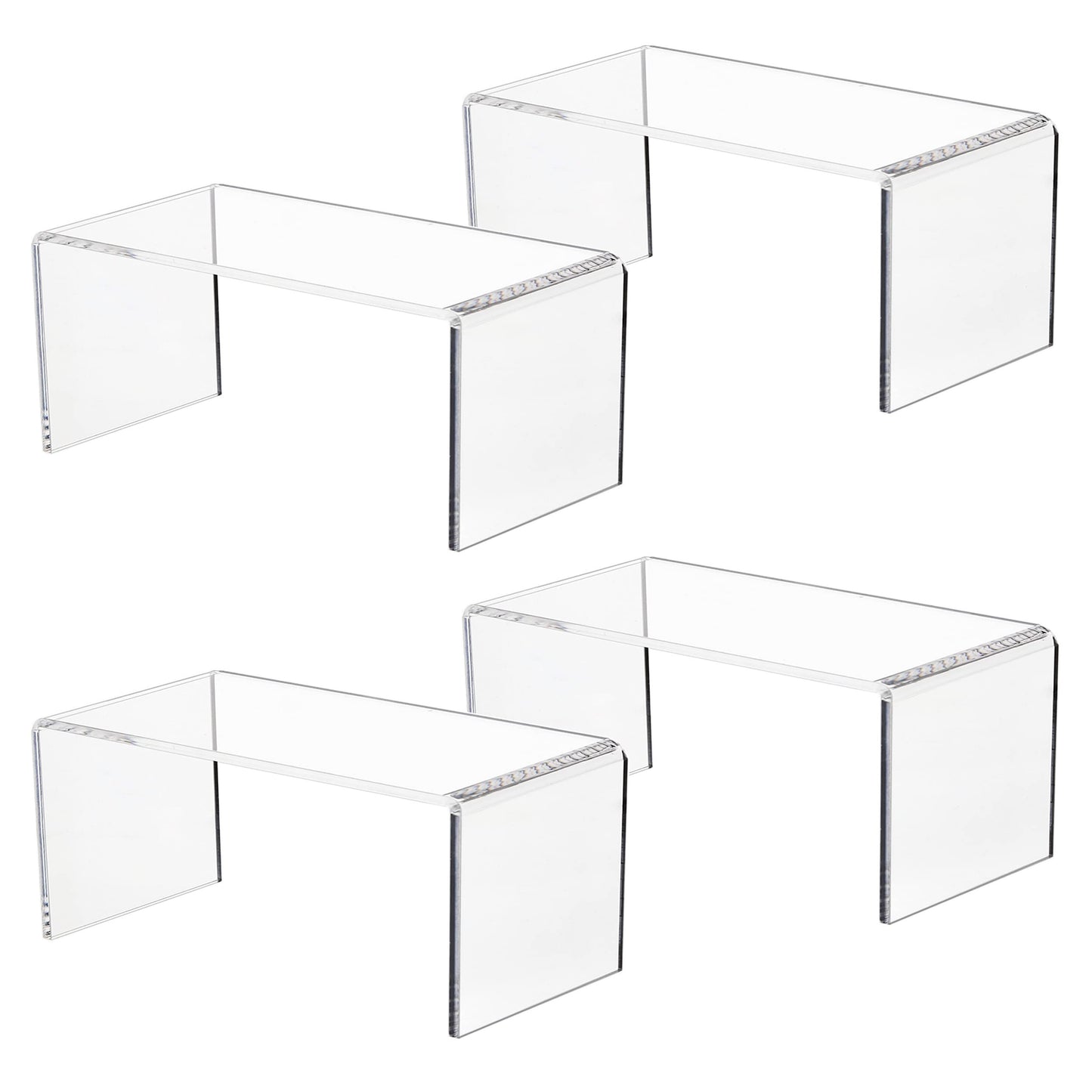 Jusalpha 4 PC Clear Acrylic Risers, Acrylic Display Risers Shelf Showcase Fixtures for Jewelry, Display Stand for Amiibo Funko POP Figures, Cupcakes, Food Display, Cabinet- (8''x 4''x 4.5'', 4 sets)