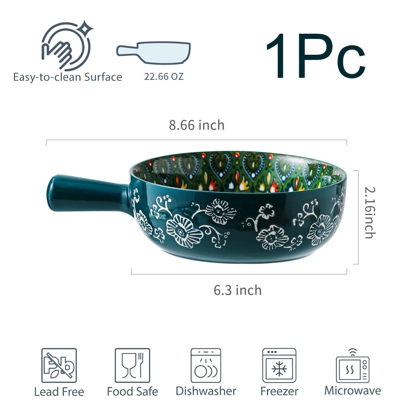 JINNTHE 1PC Ceramic Soup Bowl with Handle – 23oz, 9 Inches Bowl Handmade Shallow Bowl Colorful Floral Microwave & Dishwasher Safe Pasta/Salad Dish Bohemian Style Navy Blue