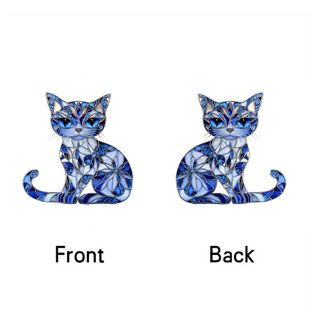 Cat Decor Stained Glass Window Hanging Suncatcher Gift for Mom Women，Blue Cat Suncatcher for Window，Cat Decor Wall Art for Kitchen Livingroom Office