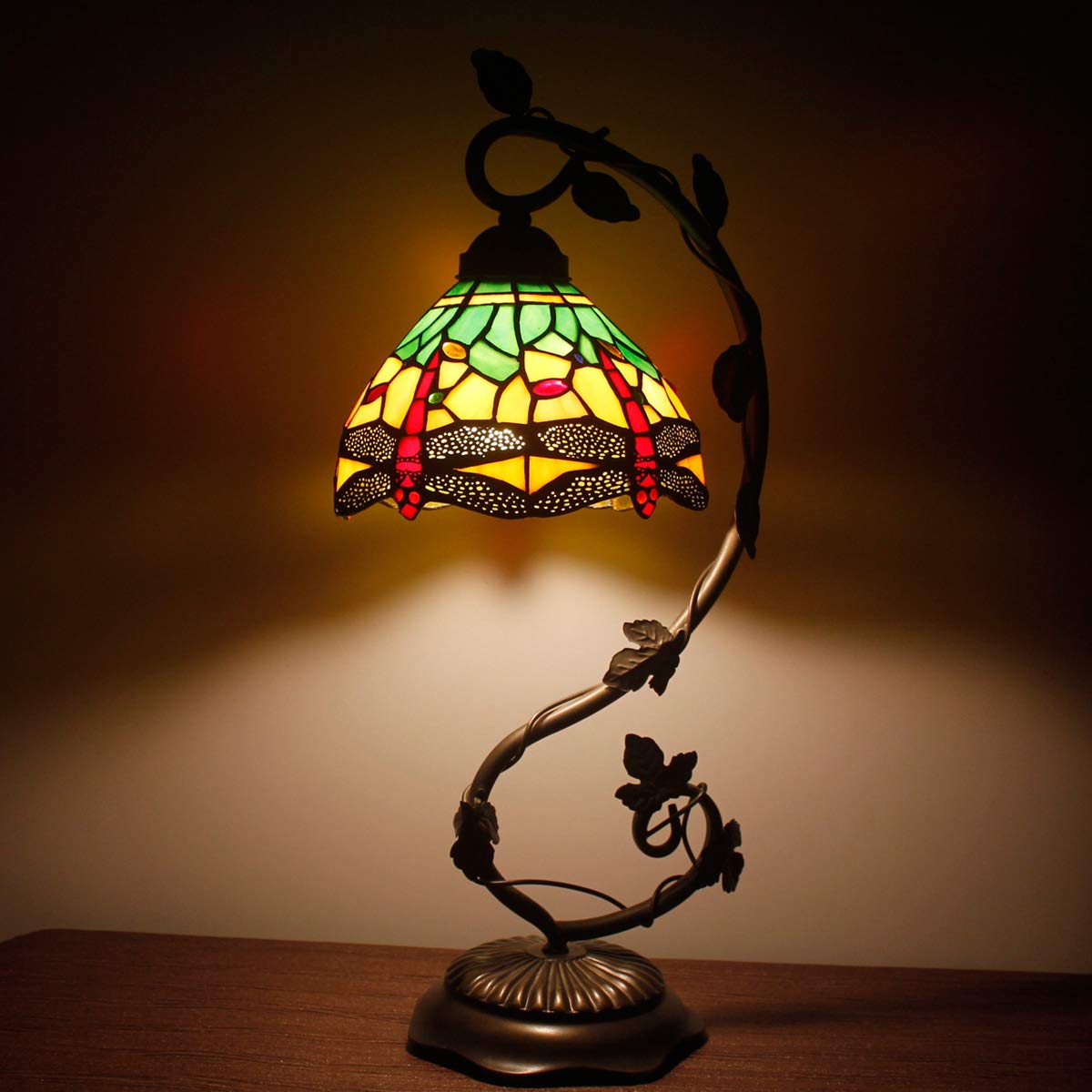 WERFACTORY Tiffany Lamp Green Yellow Stained Glass Dragonfly Style Table Lamp Metal Leaf Base 8X10X21 Inches Desk Light Decor Small Space Bedroom Home Office S009G Series