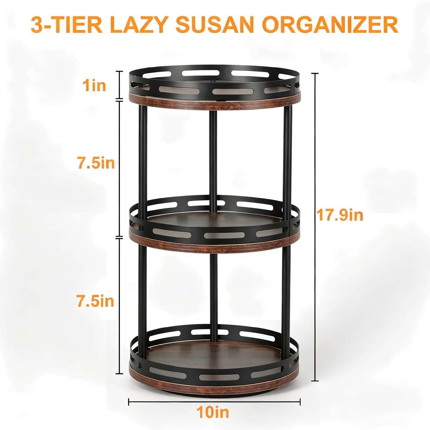 3 Tier Lazy Susan Organizer - 360° Rotating Spice Rack, Industrial Spinning Spice Rack, Versatile Wooden Lazy Susan Turntable for Kitchen Cabinet, Countertop, Pantry, Bathroom, Vanity