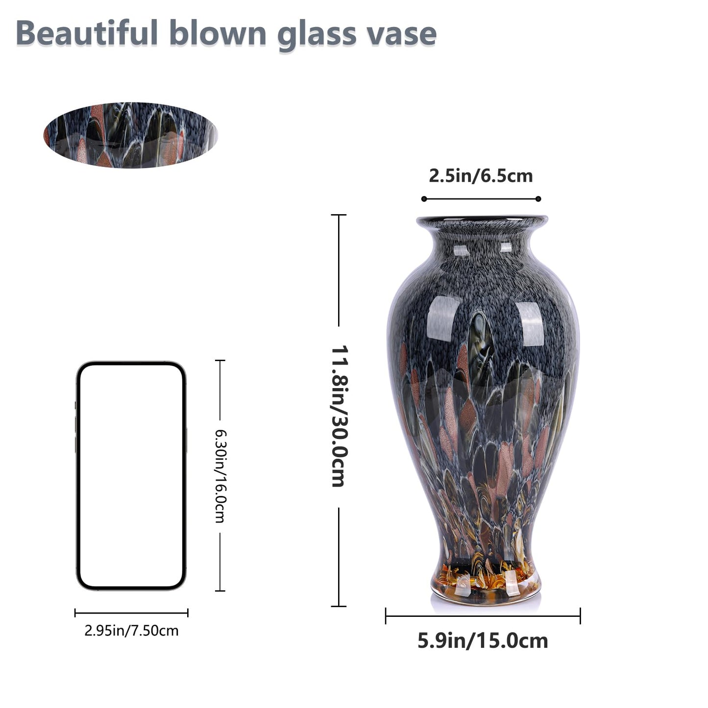 Hand Blown Glass Vase 11.8" Tall Beautiful Amber Blue Sea Wide Mouth Bud Vase for Table Centerpiece, Painted Colorful Murano Glass Flower Vases for - Home Entrance Wedding Center