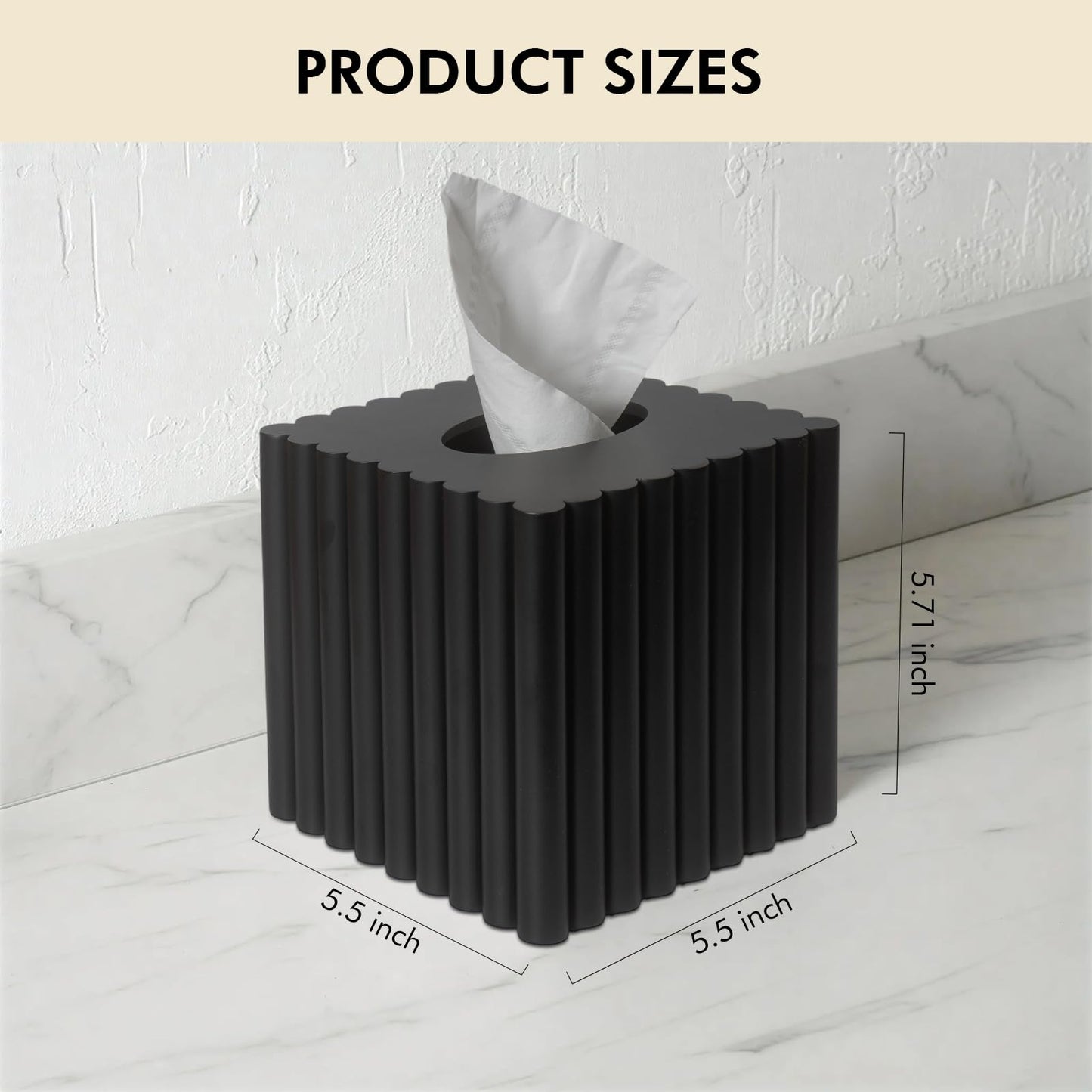 Modern Tissue Box Cover Square, Resin Stone Tissue Box Covers Holder, Decorative Marble Style Tissue Box Cover for Bathroom Kitchen Bedroom Living Room Office (Black)