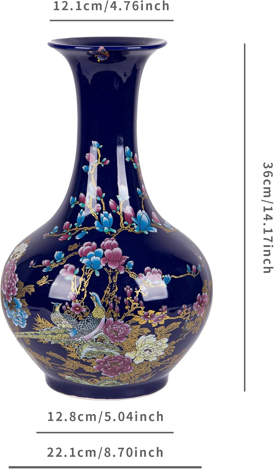 SILINE 14” Large Gorgeous Porcelain Vase,Jingdezhen Art Decor Big Vase,China Handmade Ceramic Flower Bottle -Blue