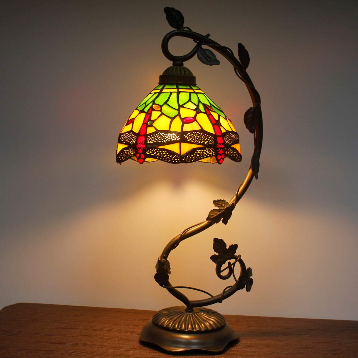 WERFACTORY Tiffany Lamp Green Yellow Stained Glass Dragonfly Style Table Lamp Metal Leaf Base 8X10X21 Inches Desk Light Decor Small Space Bedroom Home Office S009G Series