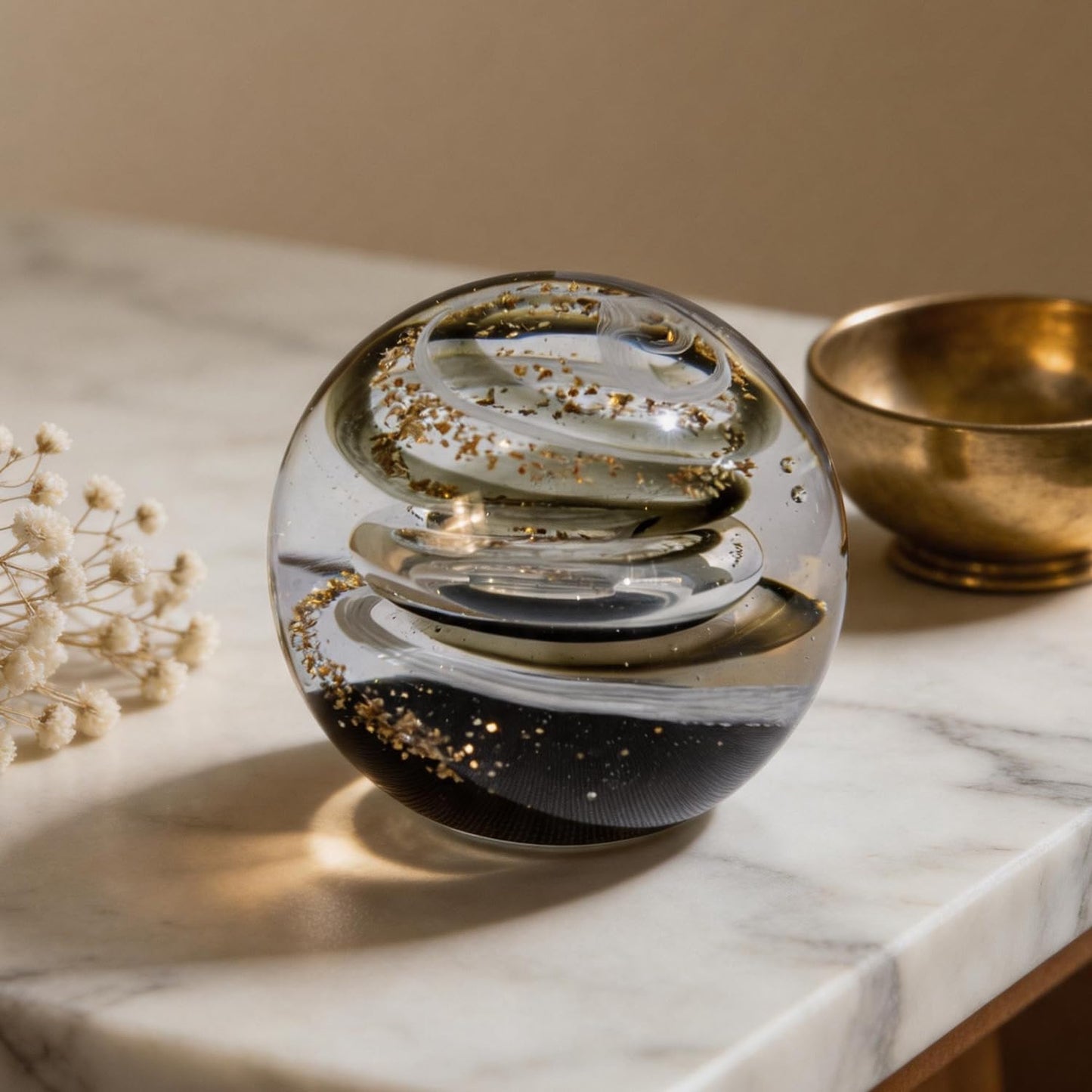 KWASVLYA Hand Blown Galaxy Crystal Ball Paperweight – Black Gold Art Crystal Decorative Sphere for Office Desk Decor, Unique Gift for Men & Space Lovers