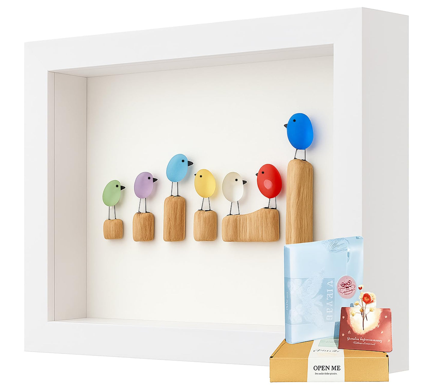 UQRUI Sea Glass Birds on a Branch Wall Art, Rainbow Coastal Beach Seaglass Bird on Twig Artwork Picture Frame, Friendship Decor for Home Wall Hanging (White-7 Birds)