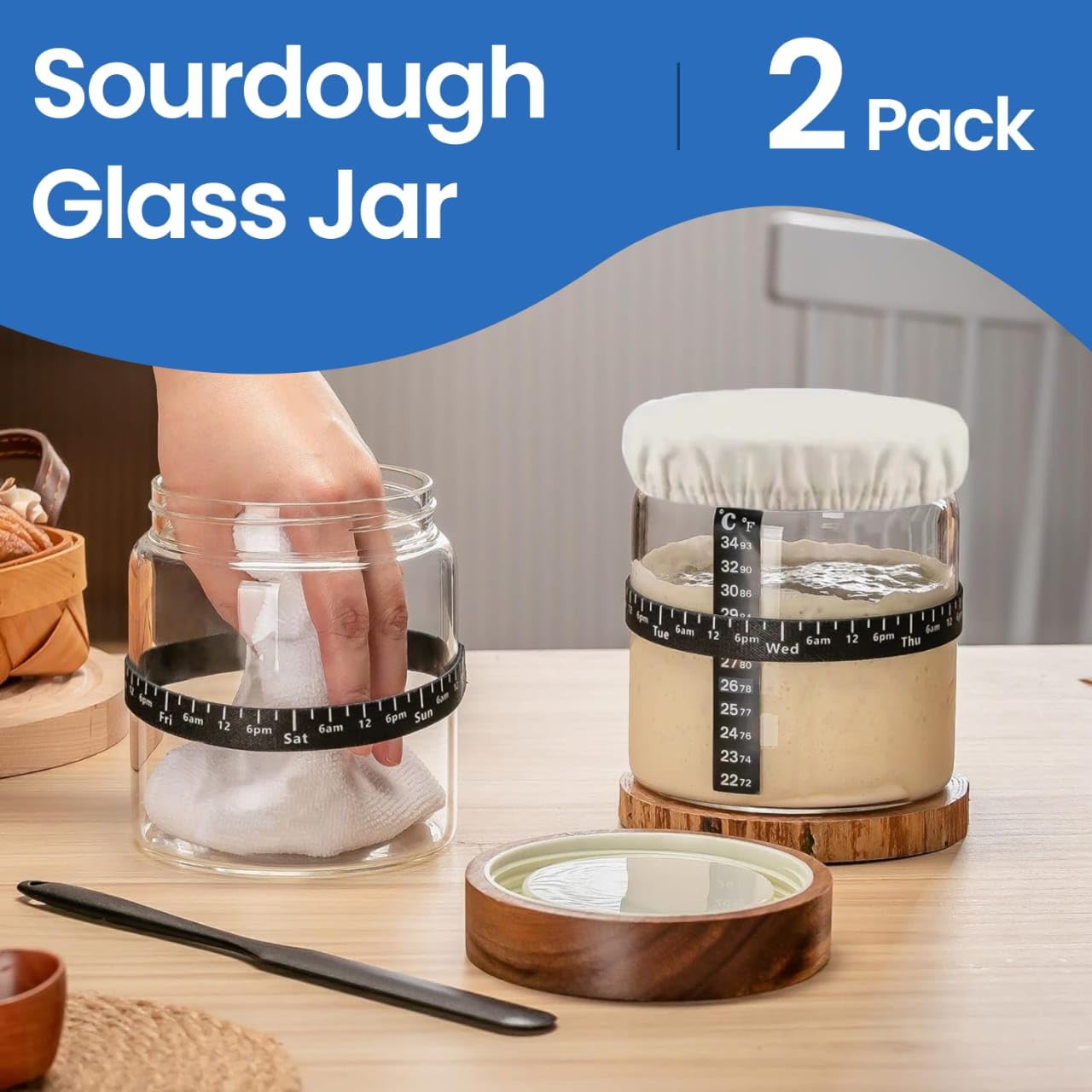NETIX VERA Sourdough Starter Jar Kit - Pack of 2, 35oz Wide Mouth Glass Jars for Sourdough Starter with Date Marked Feeding Scale, Thermometer, Cloth Cover, Scraper & Wooden Lid, Sourdough Jars