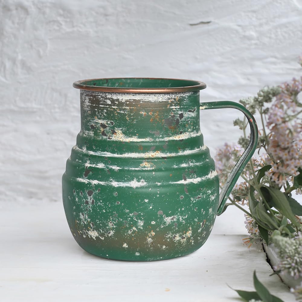 Chadechimo Rustic Metal Farmhouse Vase Shabby Chic Small Pitcher Fall Vase Brown Decorative Vase for Farmhouse Kitchen Decor（Green）