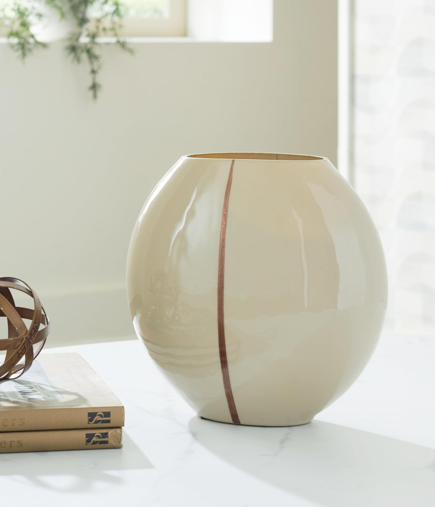 Signature Design by Ashley Sheabourne Cream Glass Vase, Contemporary Tabletop Accent with Hand-Painted Copper Line, Wide Mouth Sculptural Centerpiece for Living Room, 10" x 5" x 9"