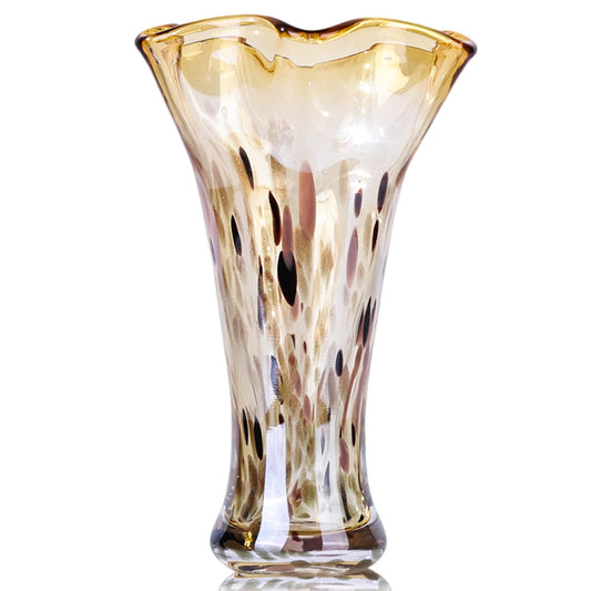 9.8" Tall Amber Hand Blown Glass Vases for Home Decor,Modern Wide Mouth Ruffle Flower Vase Table Centerpieces,Colored Coastal Sea Glass Art for Bookshelf,Bathroom,Counterto,Wedding