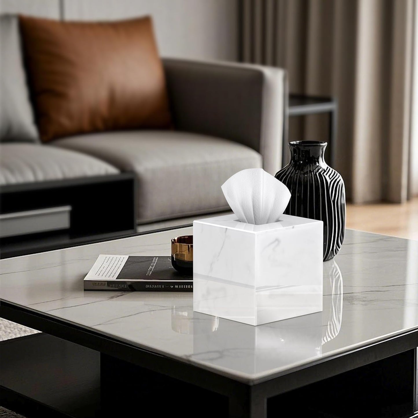 SILUT Stylish Tissue Box Cover Square, Marble Texture Tissue Box Holder, Decorative Tissue Holder for Bathroom, Kitchen, Vanity, Modern Tissues Organizer for Home, Hotel