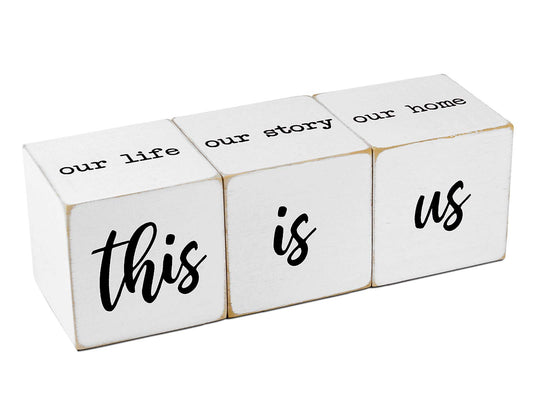 Airrioal This is Us Sign & Our Life Story Home Letter Blocks - Farmhouse Table Rustic Home Decor, TV Stand Dining Room Modern Decorations for Shelf Mantle