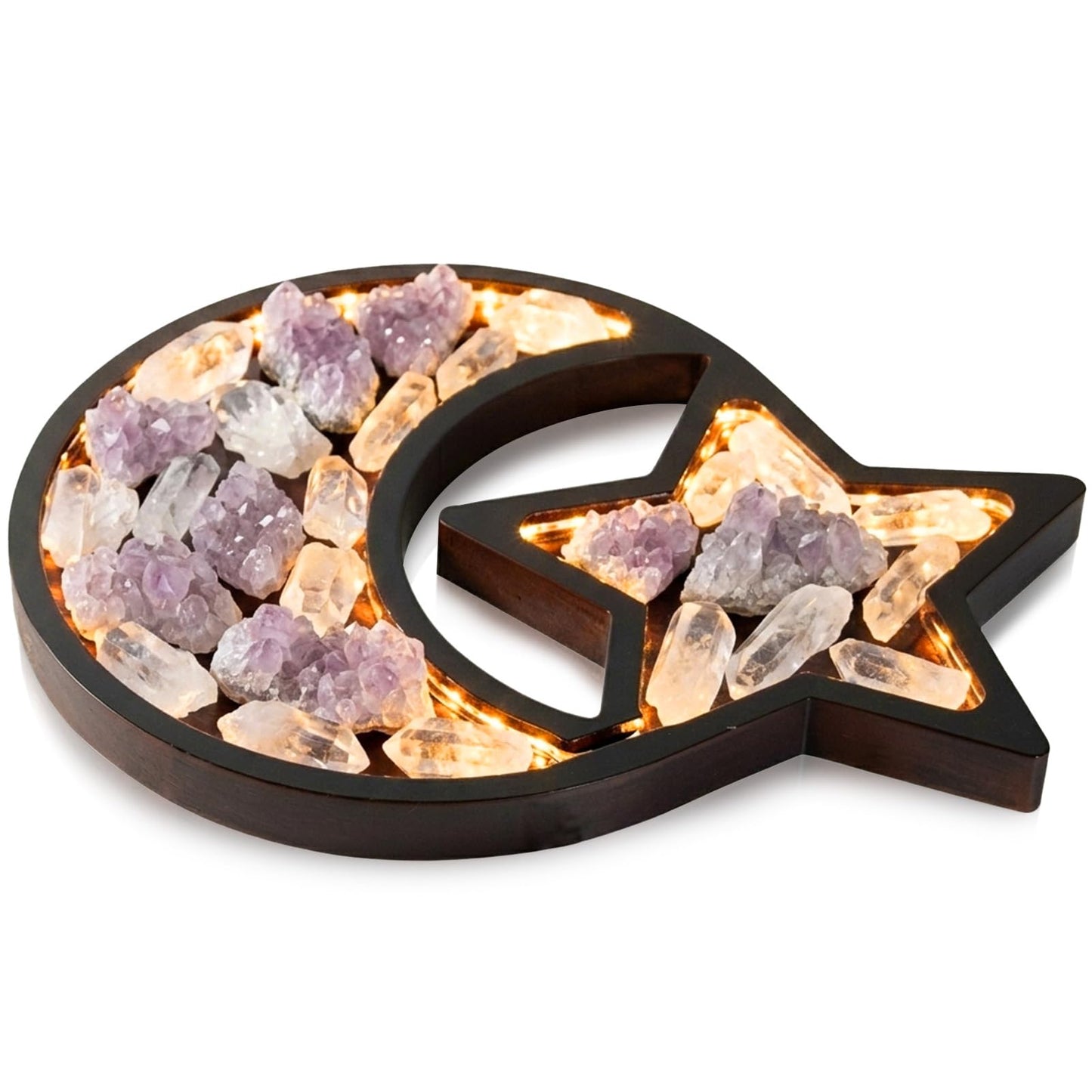Wooden Crystal Display Holder,Moon and Stars Crystal Rock Holders for Display with LED,Crystal Tray Storage for Healing Stones and Gem - Wiccan Decor and Witchy Gifts (Brown)
