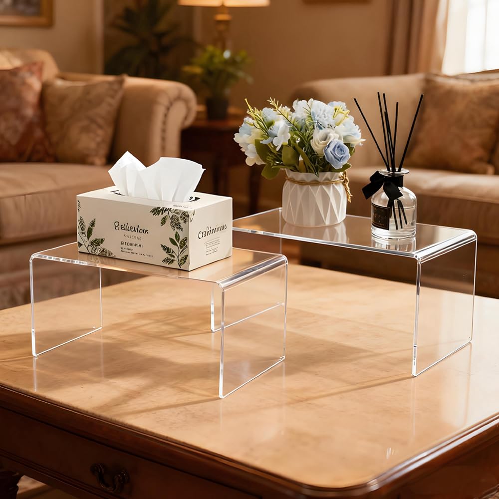 yaenoei 2 Pcs Extra Large Acrylic Display Risers, Clear Rectangular Shelf Stands 5mm Thick for Showcasing Collectibles and Decorative Displays (13*6*7.8)