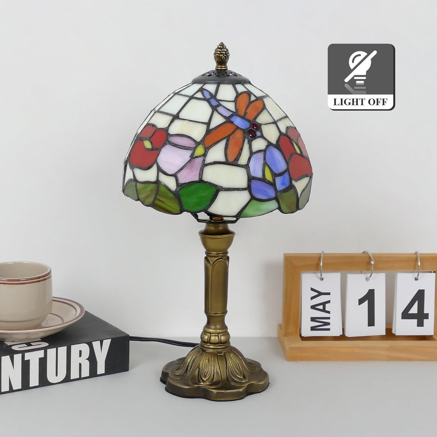 VirtueKing Tiffany Table Lamp Beautiful Dragonfly and Flower Style Lamp Handmade Stained Glass Desk Lamps Gifts Resin Base 14.2" Tall Vintage Reading Lamp for Office,Living Room, Bedroom, Study Room