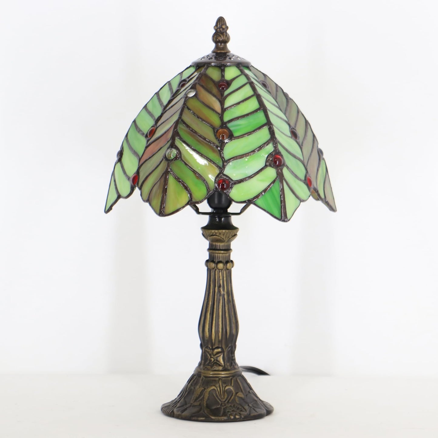 LXHCYOU Small Tiffany Lamp Mini Accent Table Lamp Stained Glass Desk Memory Lamp Sympathy 8X14.5 Inch (Brown Green Leaf)